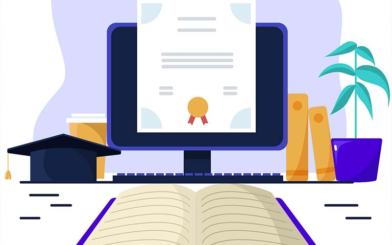 Illustration d'un écran d'ordinateur avec un diplôme et un livre